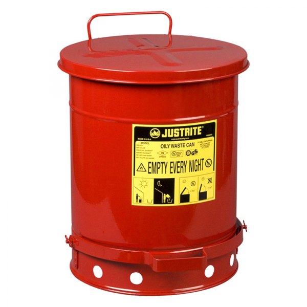 Justrite® - 10 gal Red Oil Waste Can with Foot-Operated Self-Closing Cover