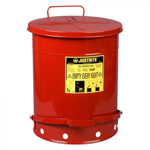 Justrite® - 14 gal Red Oil Waste Can with Foot-Operated Self-Closing Cover