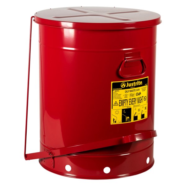 Justrite® - 21 gal Red Oil Waste Can with Foot-Operated Self-Closing Cover