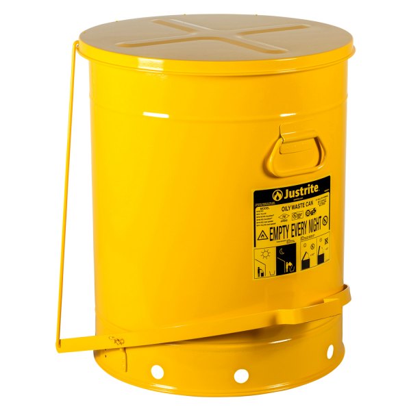 Justrite® - 21 gal Yellow Oil Waste Can with Foot-Operated Self-Closing Cover