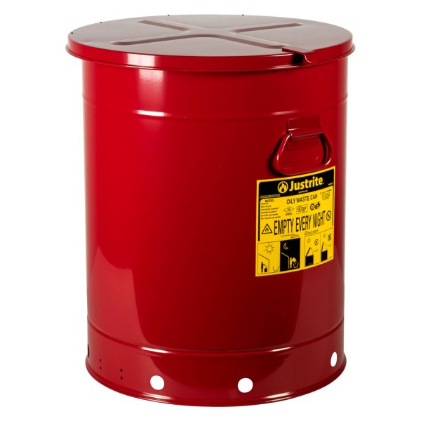 Justrite® - 21 gal Red Oil Waste Can with Hand-Operated Cover