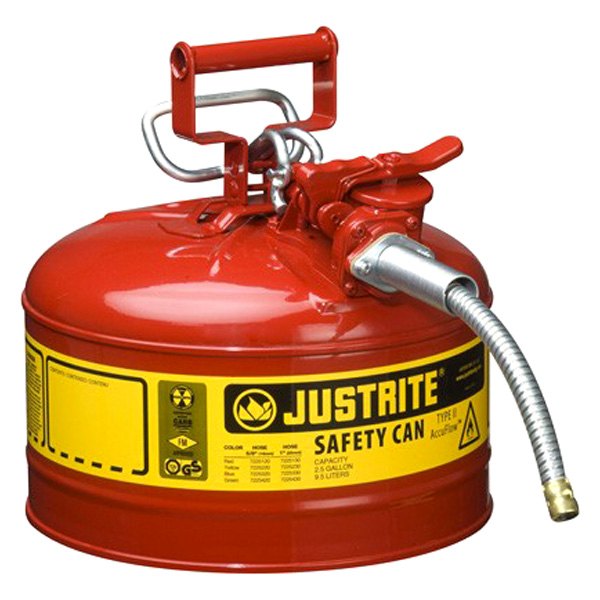 Justrite® - AccuFlow™ 2.5 gal Red Type II Steel Flammable Liquids Safety Can with 5/8" Metal Hose