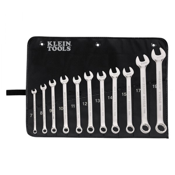 Klein Tools® - 11-piece 7 to 19 mm 12-Point Angled Head Nickel Chrome Combination Wrench Set