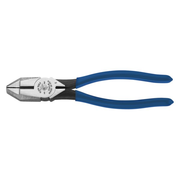 Klein Tools® - 8-11/16" Dipped Handle Bevel Flat Grip/Cut Round Jaws Linemans Pliers