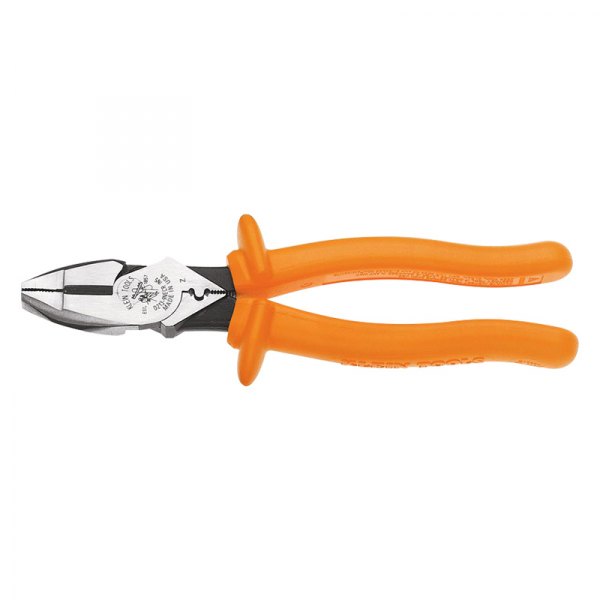 Klein Tools® - 9-11/16" Insulated Handle Flat Grip/Cut Round Jaws Crimper Linemans Pliers
