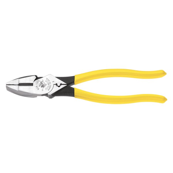 Klein Tools® - 9-3/8" Dipped Handle Flat Grip/Cut Round Jaws New England Style Crimper Linemans Pliers