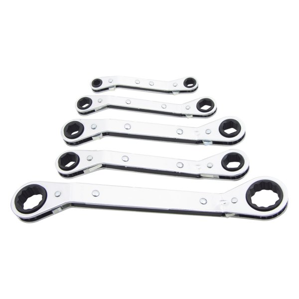 Lang Tools® - 5-piece 7 to 17 mm 12-Point Angled Head Reversible Ratcheting Chrome Double Box End Wrench Set