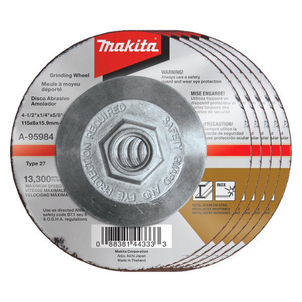 Makita® - INOX™ 4-1/2" x 1/4" x 5/8" Aluminum Oxide Type 27 Grinding Wheel (5 Pieces)