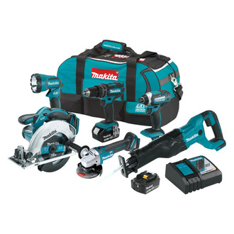 Makita® - LXT™ 18 V Cordless 3.0 Ah Li-ion 6-Tool Combo Kit (Hammer Drill, Hex Impact Driver, Circular Saw, Reciprocating Saw, Power Grinder, Work Light)