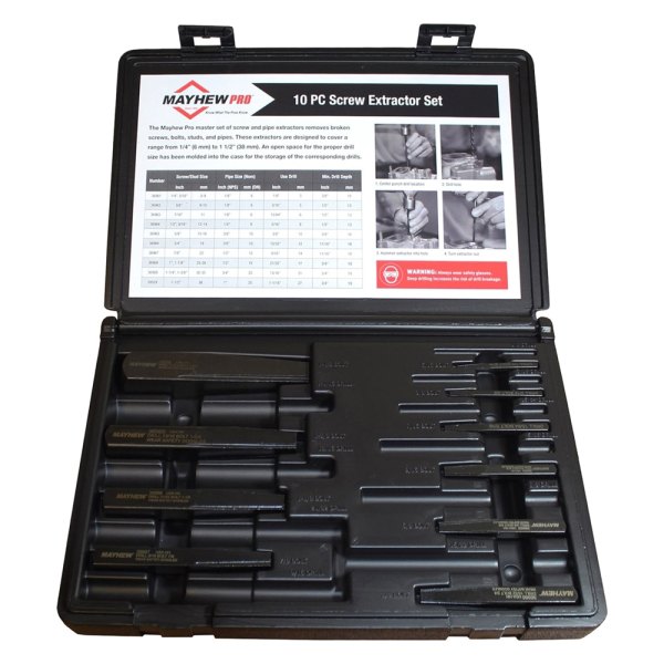 Mayhew Tools® - 10-piece 1/4" to 1-1/2" Square Shank Square Flute Screw Extractor Set