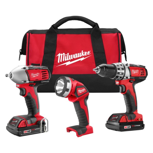 Milwaukee® - M18™ 18 V Cordless 1.5 Ah Li-ion 3-Tool Combo Kit (Power Drill/Driver, Power Impact Wrench, Work Light)