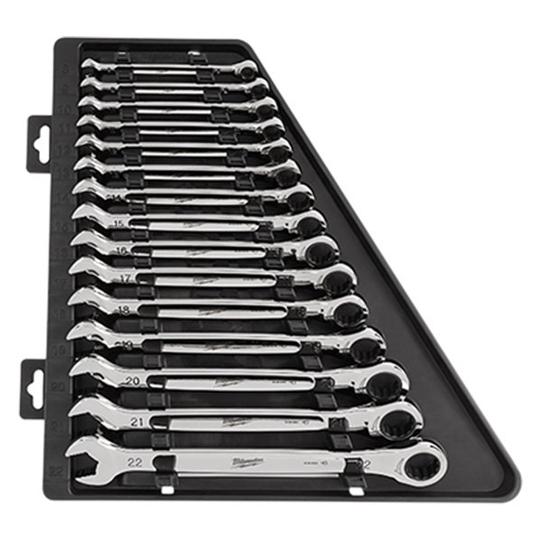Milwaukee® - 15-piece 8 to 22 mm 12-Point Straight Head 144-Teeth Ratcheting Combination Wrench Set