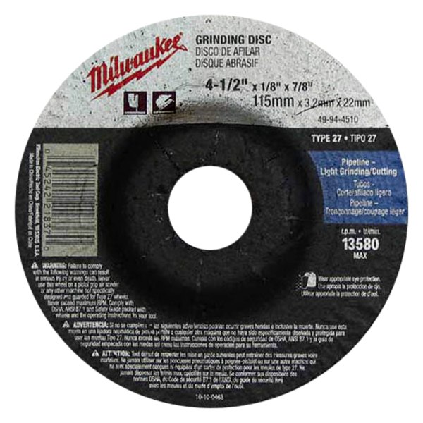 Milwaukee® - 4-1/2" x 1/4" x 7/8" Aluminum Oxide Type 27 Grinding Wheel