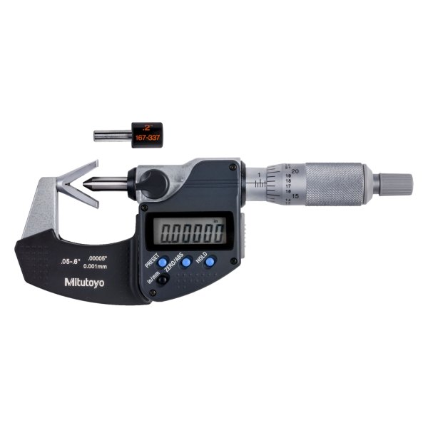 Mitutoyo® - 314 Series™ 0.05" to 0.6" SAE and Metric Digital Outside V-Anvil Micrometer