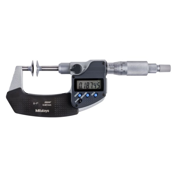 Mitutoyo® - 369 Series™ 0 to 1" SAE and Metric Digital Outside Non-Rotating Spindle Disk Micrometer
