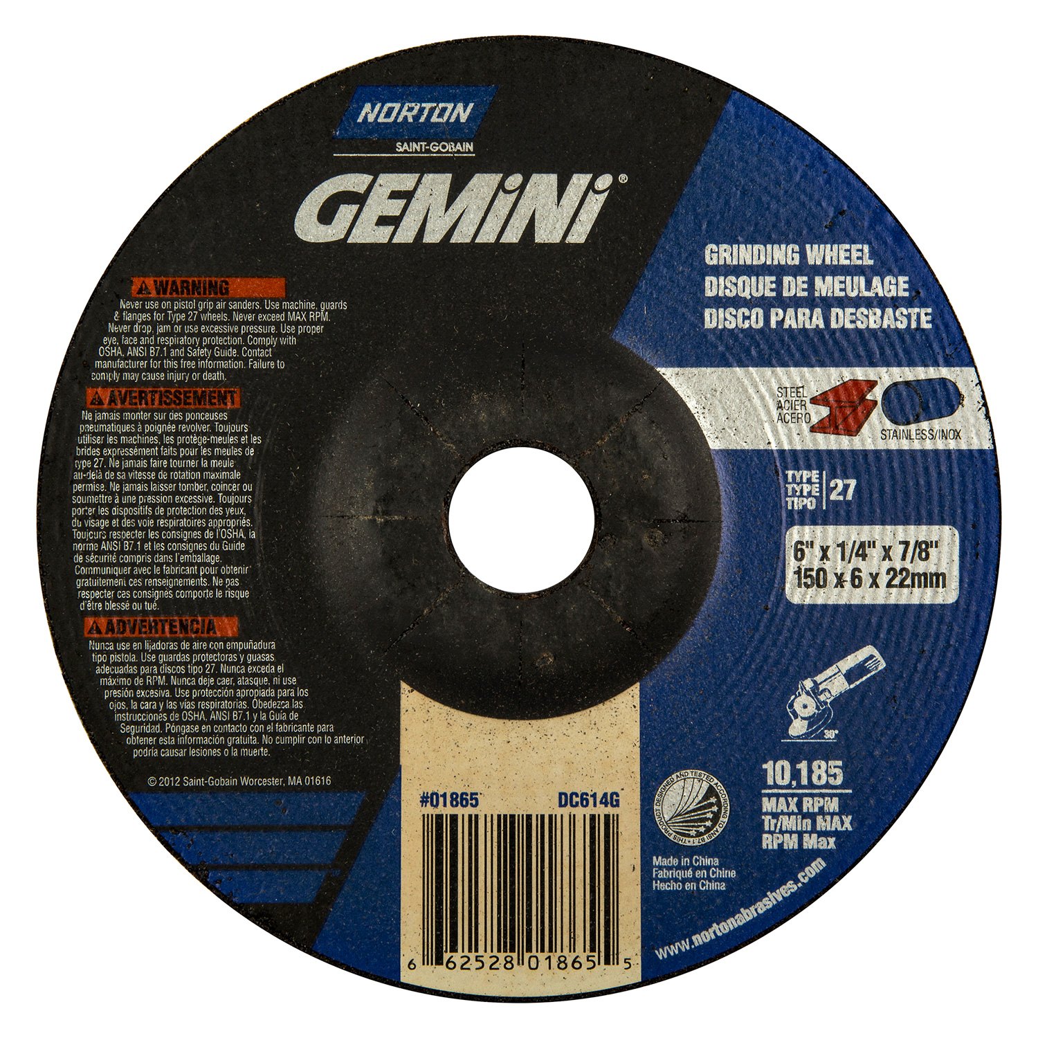 Norton® 40147 Gemini™ 7" x 1/4" x 5/8"11 Aluminum Oxide Type 27 Fast