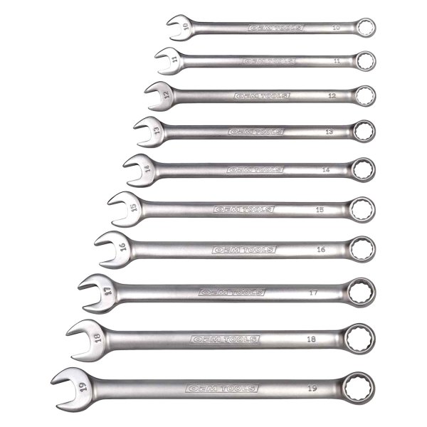 OEM Tools® - 10-piece 10 to 19 mm 12-Point Angled Head Chrome Combination Wrench Set
