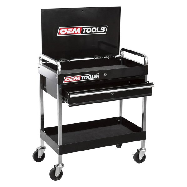 OEM Tools® - 18" x 30" x 36" Black Steel 2-Drawer 1-Shelf Service Cart with Locking Lid and Drawer