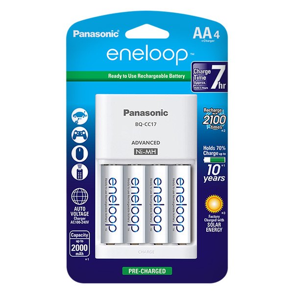 Panasonic® - eneloop™ AA 1.2 V Ni-MH 2100 Cycle Pre-Charged Rechargable Batteries with 4-Position Individual Charger (4 Pieces)