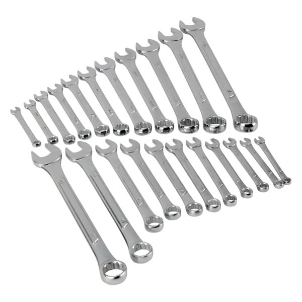 Performance Tool® - 22-piece 1/4" to 13/16" & 6 to 19 mm 12-Point Angled Head Raised Panel Full Polished Combination Wrench Set