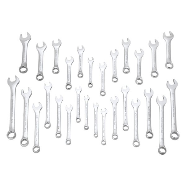 Performance Tool® - 28-piece 1/4" to 3/4" & 6 to 18 mm 12-Point Angled Head Stubby Chrome Combination Wrench Set