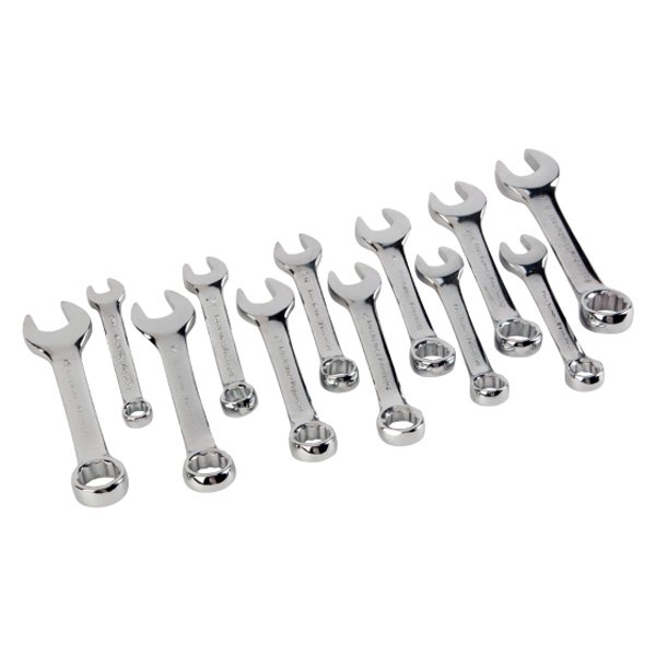 Performance Tool® - 12-piece 5/16" to 5/8" & 10 to 15 mm 12-Point Angled Head Stubby Full Polished Combination Wrench Set