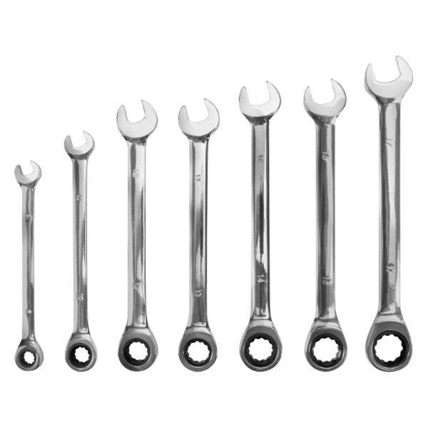 Performance Tool® - 7-piece 8 to 17 mm 12-Point Straight Head 72-Teeth Ratcheting Combination Wrench Set