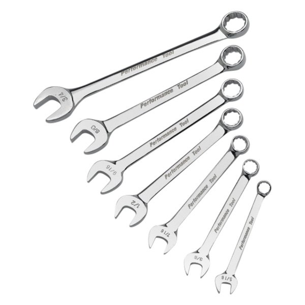 Performance Tool® - 7-piece 5/16" to 3/4" 12-Point Angled Head Pro Full Polished Combination Wrench Set