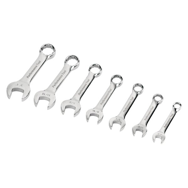 Performance Tool® - 7-piece 3/8" to 3/4" 12-Point Angled Head Stubby Nickel Chrome Combination Wrench Set