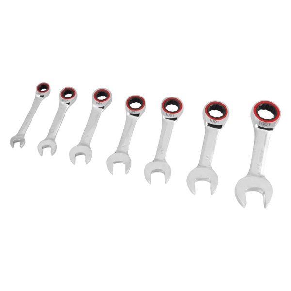 Performance Tool® - 7-piece 5/16" to 3/4" 12-Point Straight Head 100-Teeth Ratcheting Stubby Chrome Combination Wrench Set