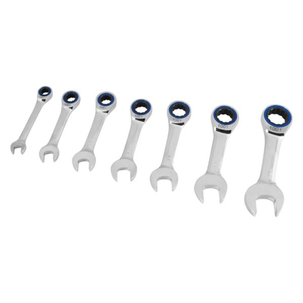 Performance Tool® - 7-piece 8 to 18 mm 12-Point Straight Head 100-Teeth Ratcheting Stubby Chrome Combination Wrench Set