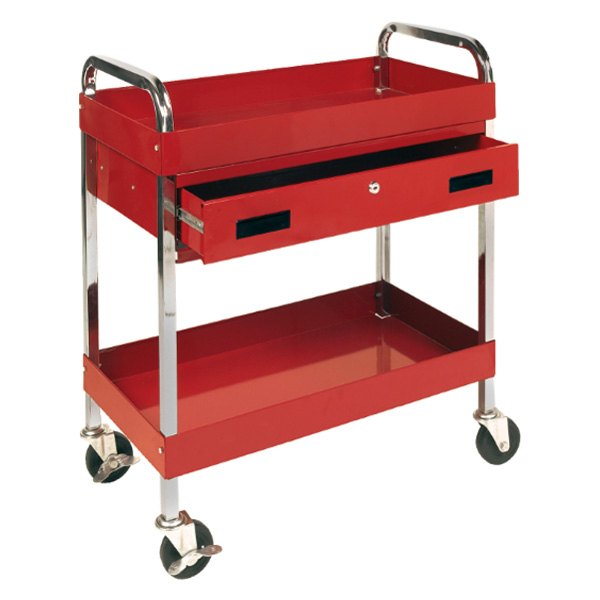 Performance Tool® - 27" x 15" x 34.25" Red Steel 1-Drawer 2-Shelf Utility Cart with Locking Drawer