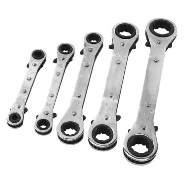 Performance Tool® - 5-piece 1/4" to 7/8" 12-Point Straight Head Reversible Ratcheting Full Polished Double Box End Wrench Set