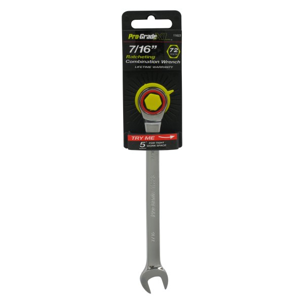 Pro-Grade® - 7/16" 12-Point Straight Head Ratcheting Chrome Combination Wrench