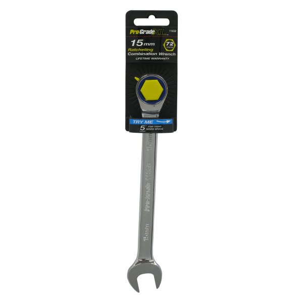 Pro-Grade® - 15 mm 12-Point Straight Head Ratcheting Chrome Combination Wrench