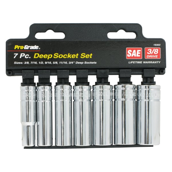 Pro-Grade® - 3/8" Drive 6-Point SAE Deep Socket Set with Rail 7 Pieces