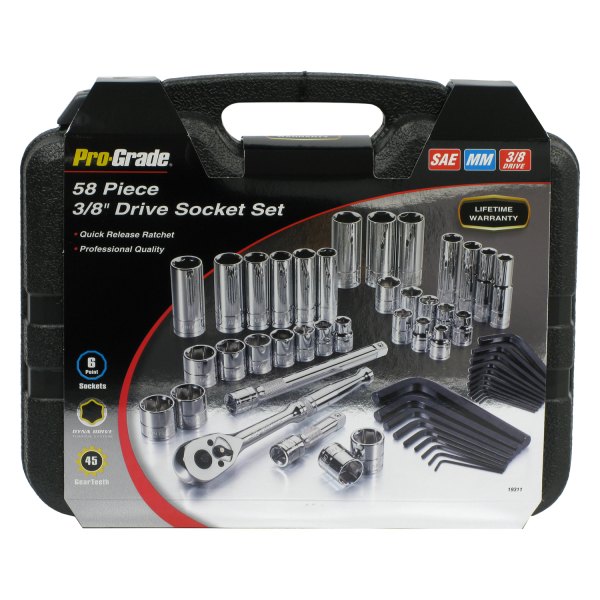 Pro-Grade® - 3/8" Drive SAE/Metric Ratchet and Socket Set with Hex Keys, 58 Pieces