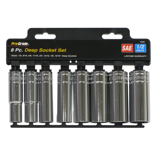 Pro-Grade® - 1/2" Drive 6-Point SAE Deep Socket Set with Rail 8 Pieces