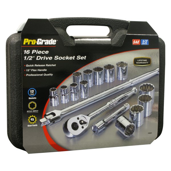 Pro-Grade® - 1/2" Drive 12-Point SAE Ratchet and Socket Set, 16 Pieces