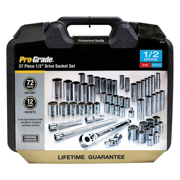 Pro-Grade® - 1/2" Drive 6-Point SAE/Metric Socket Set 57 Pieces