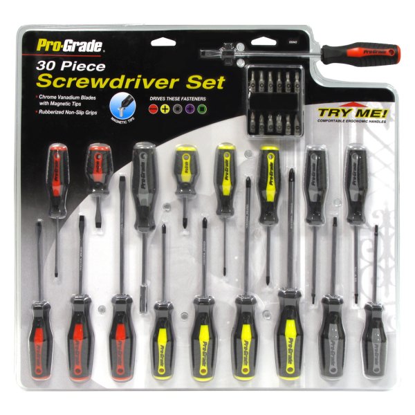Pro-Grade® - 30-piece Multi Material Handle Magnetic Phillips/Slotted/Square/Torx/Pozidriv Mixed Screwdriver Set