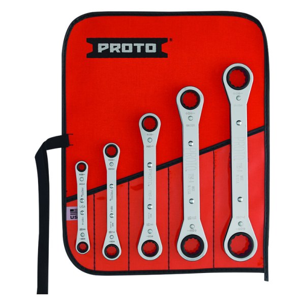 PROTO® - 5-piece 1/4" to 7/8" 12-Point Straight Head Ratcheting Full Polished Double Box End Wrench Set