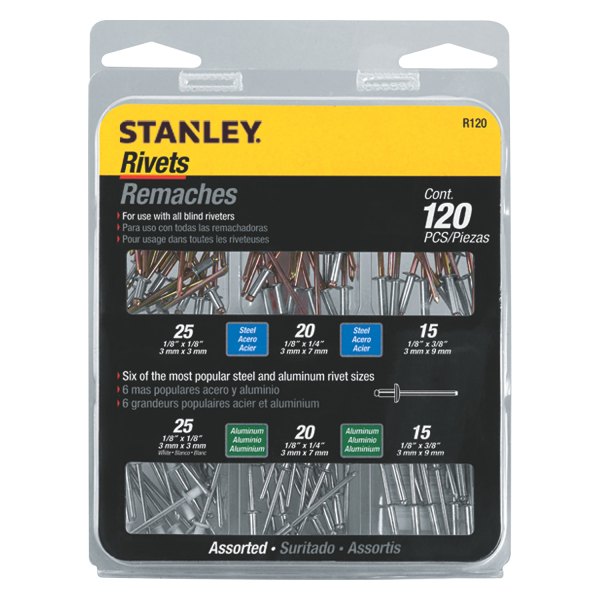 Stanley Tools® - 1/8" SAE Aluminum Medium Head Silver Blind Rivet Set (120 Pieces)