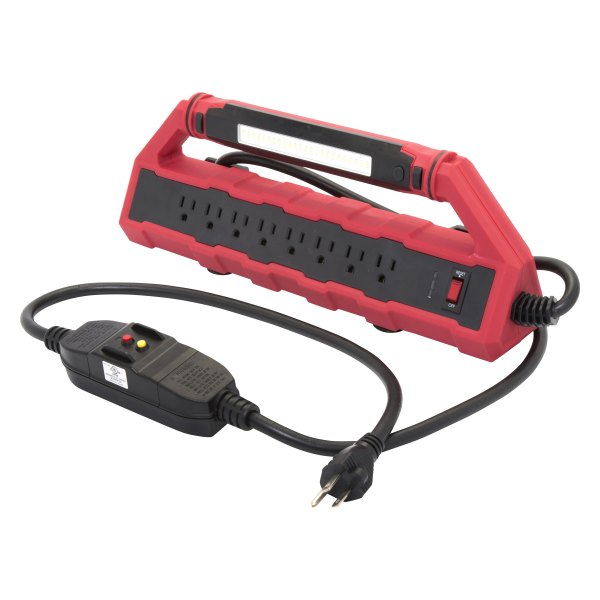 Steelman® - 8-Outlet Red and Black Ground Fauld Circuit Interrupter Power Station with 6' Cord and 2 USB Ports and Detachable Work Light