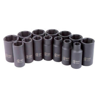 Sunex® - 3/8" Drive Metric 6-Point Semi-Deep Impact Socket Set (14 Pieces)