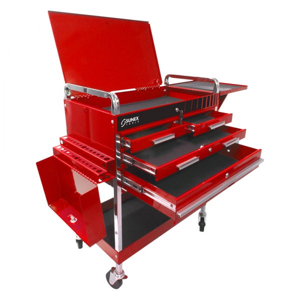 Sunex® - Deluxe 32" x 22" x 21" Red Steel 4-Drawer 1-Shelf Service Cart