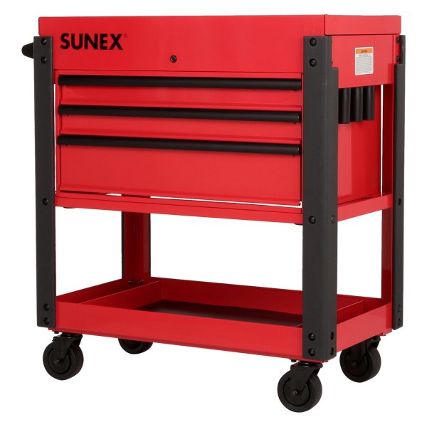 Sunex® - 20" x 37" x 43" Red Steel Slide Top 3-Drawer 1-Shelf Utility Cart with Power Strip