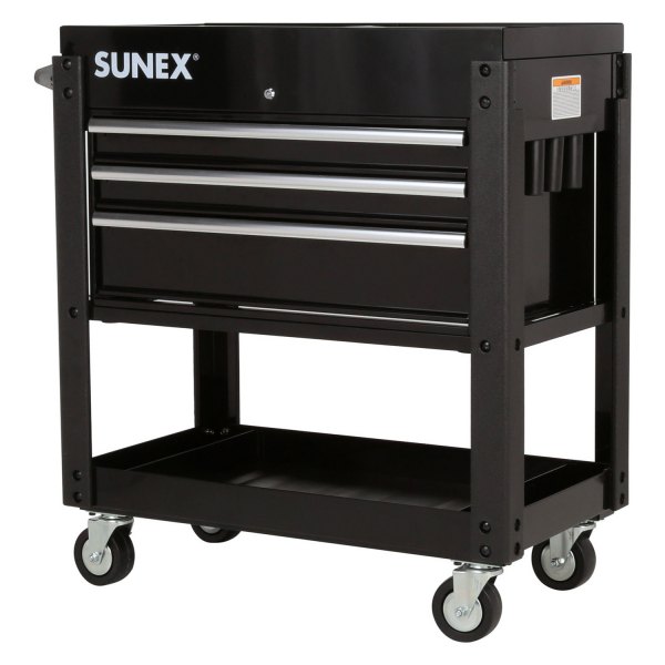 Sunex® - 20" x 37" x 43" Black Steel Slide Top 3-Drawer 1-Shelf Utility Cart with Power Strip