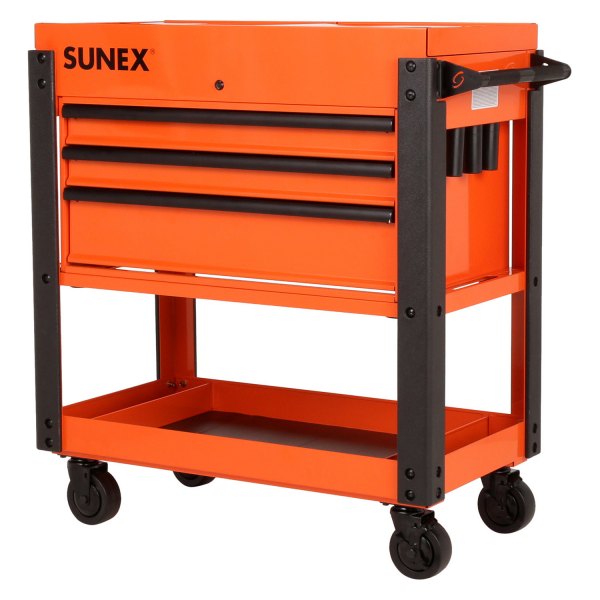 Sunex® - 20" x 37" x 43" Orange Steel Slide Top 3-Drawer 1-Shelf Utility Cart with Power Strip