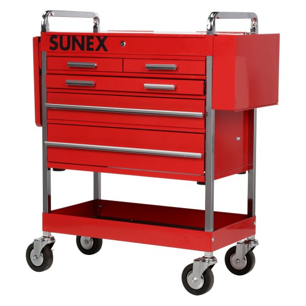 Sunex® - 31.5" x 19.7" x 13.7" Red Steel Professional 5-Drawer 1-Shelf Service Cart with Locking Top